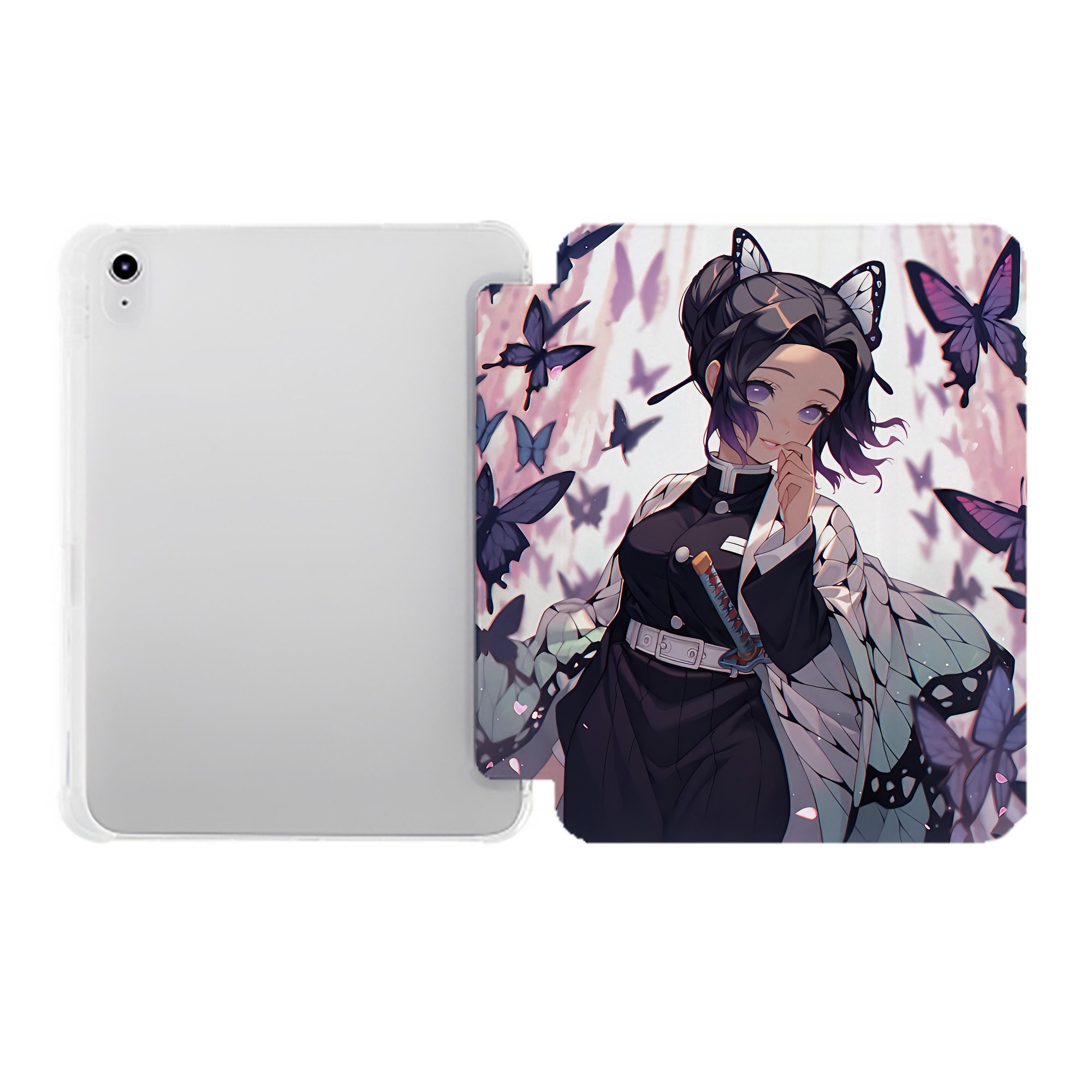 （画像用） 鬼滅の刃（きめつのやいば）蟲柱-胡蝶 しのぶ／こちょう しのぶ Kochou Shinobu IPad ケース ペン収納付き 三つ折りスタンド PUレザー×シリコン 対応機種9.5/10.5/10.9インチ